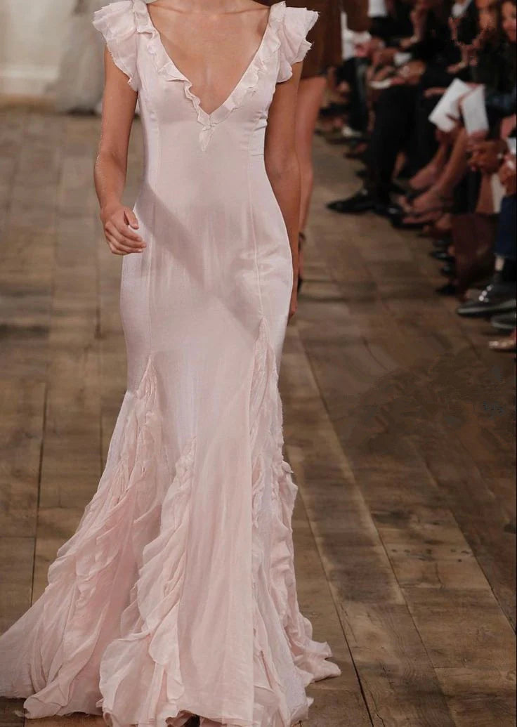 Pretty Mermaid V Neck Ruffle Chiffon Pink Long Prom Dress Evening Dress