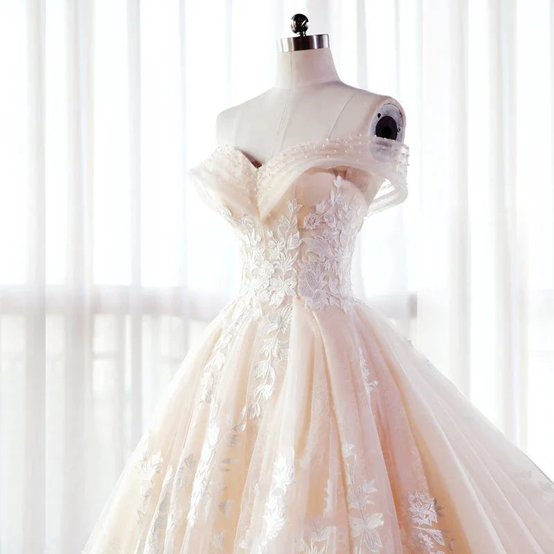 Pretty Off-Shoulder Lace Tulle Long Prom Dress Wedding Dress With Beaded