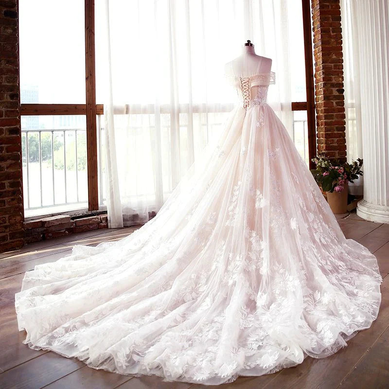 Pretty Off-Shoulder Lace Tulle Long Prom Dress Wedding Dress With Beaded