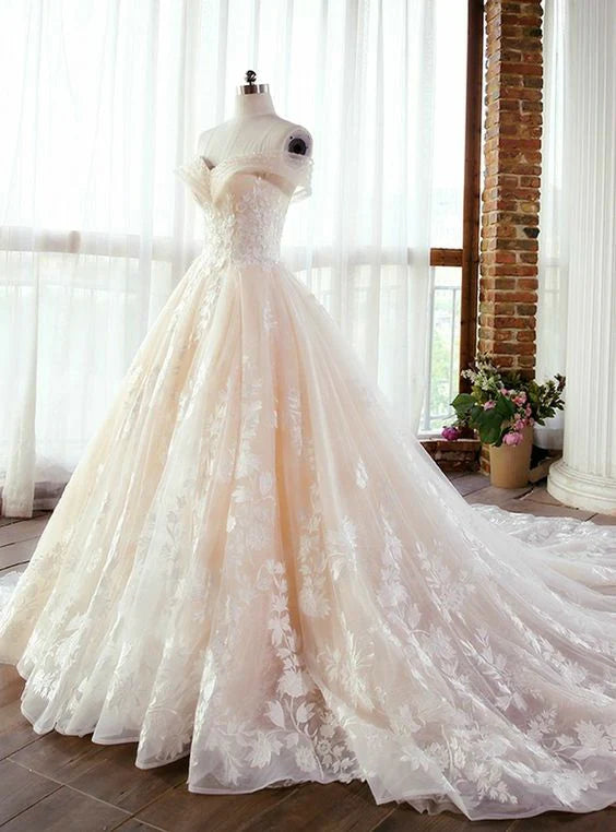 Pretty Off-Shoulder Lace Tulle Long Prom Dress Wedding Dress With Beaded