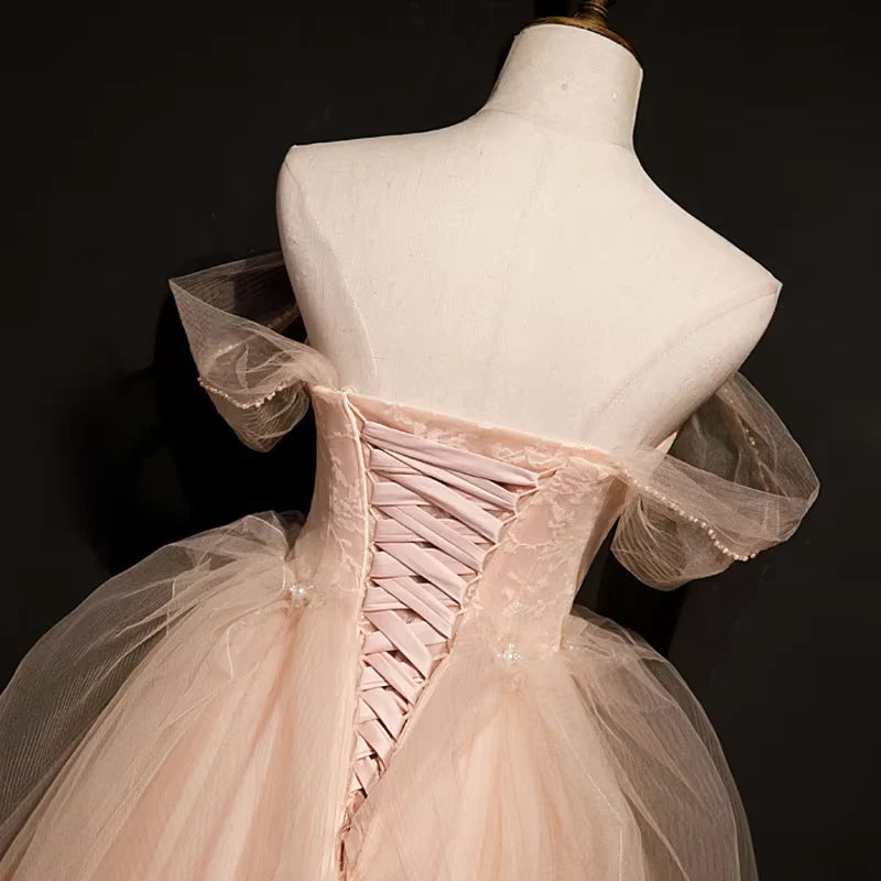Pretty Off-the-Shoulder Beaded Tulle Pink Long Prom Dress Princess