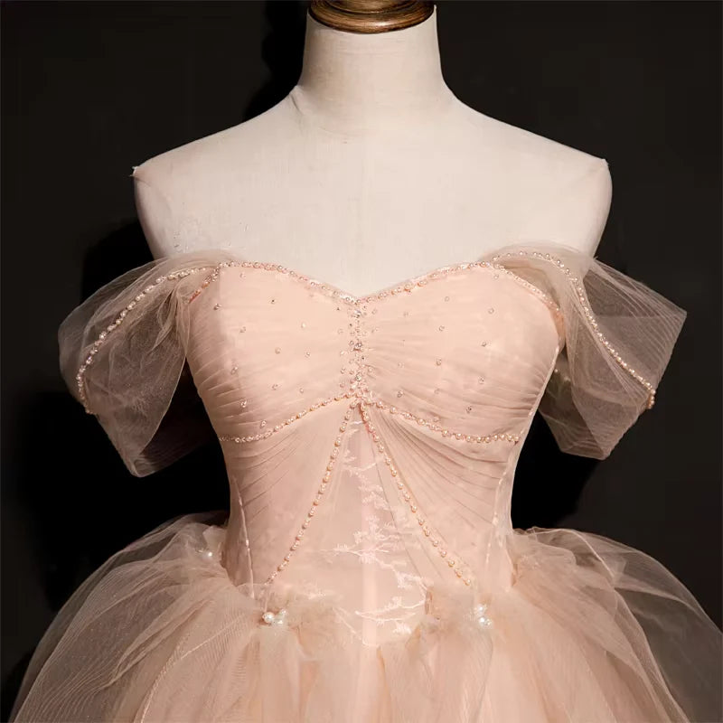 Pretty Off-the-Shoulder Beaded Tulle Pink Long Prom Dress Princess