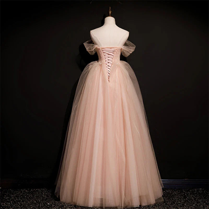 Pretty Off-the-Shoulder Beaded Tulle Pink Long Prom Dress Princess
