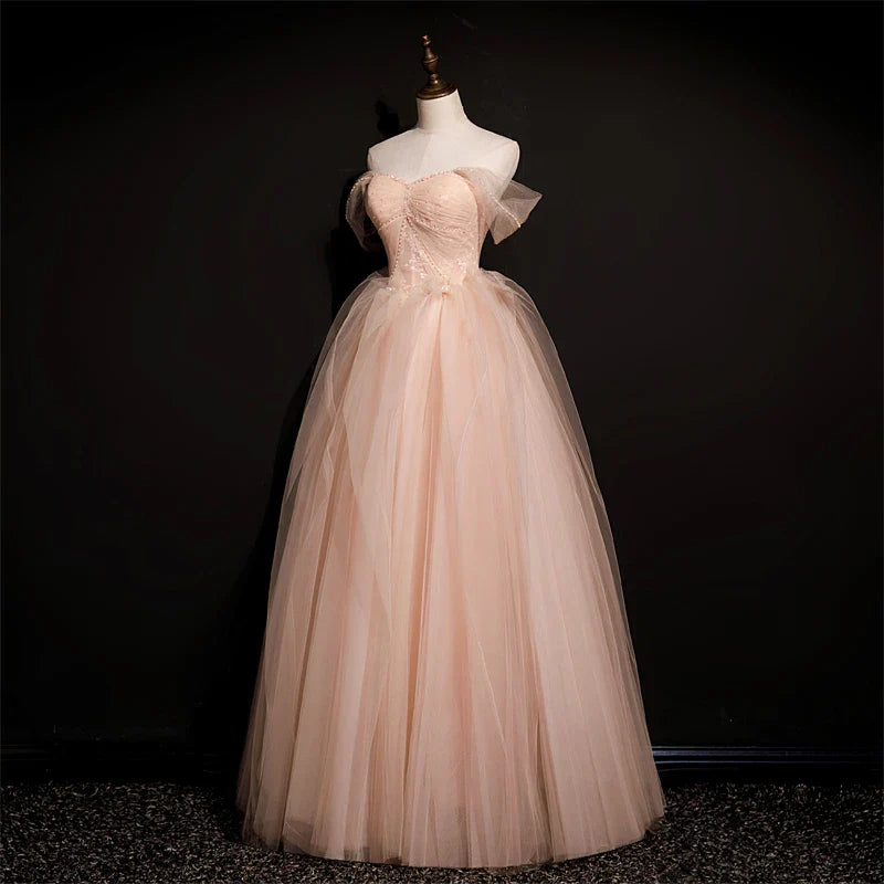 Pretty Off-the-Shoulder Beaded Tulle Pink Long Prom Dress Princess