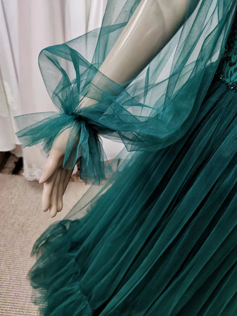 Pretty Off The Shoulder Puff Sleeves Floral Lace Tulle Green Prom Dress