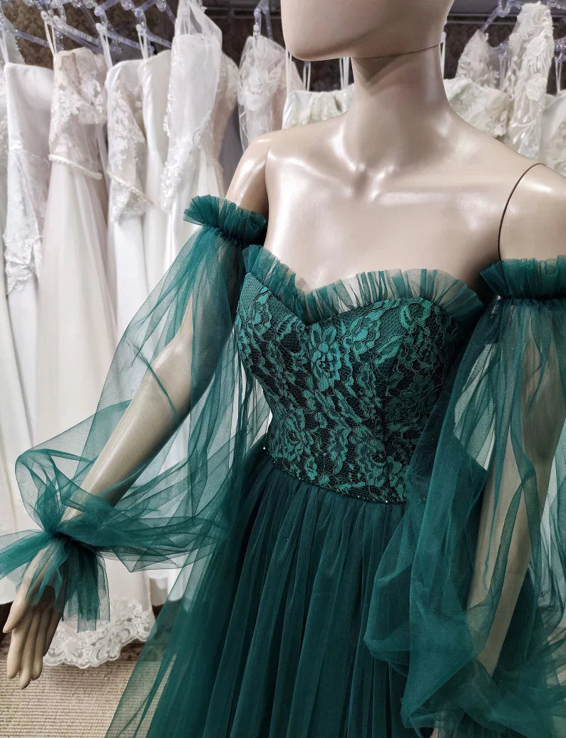 Pretty Off The Shoulder Puff Sleeves Floral Lace Tulle Green Prom Dress
