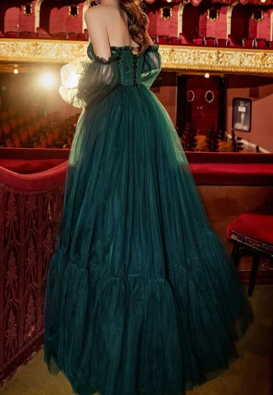 Pretty Off The Shoulder Puff Sleeves Floral Lace Tulle Green Prom Dress