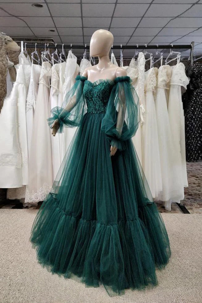 Pretty Off The Shoulder Puff Sleeves Floral Lace Tulle Green Prom Dress