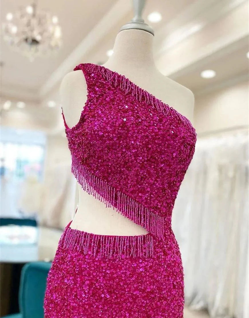 Pretty One Shoulder Beaded Sequins Purple Homecoming Dress With Tassel