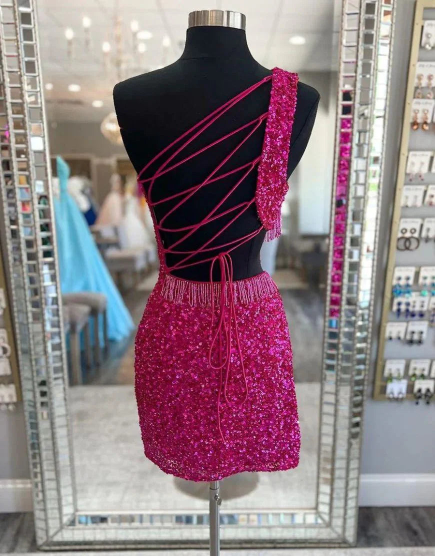 Pretty One Shoulder Beaded Sequins Purple Homecoming Dress With Tassel