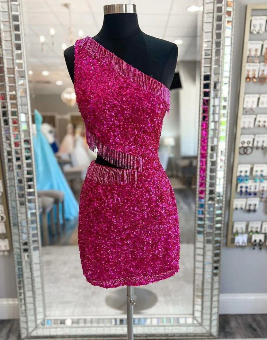 Pretty One Shoulder Beaded Sequins Purple Homecoming Dress With Tassel