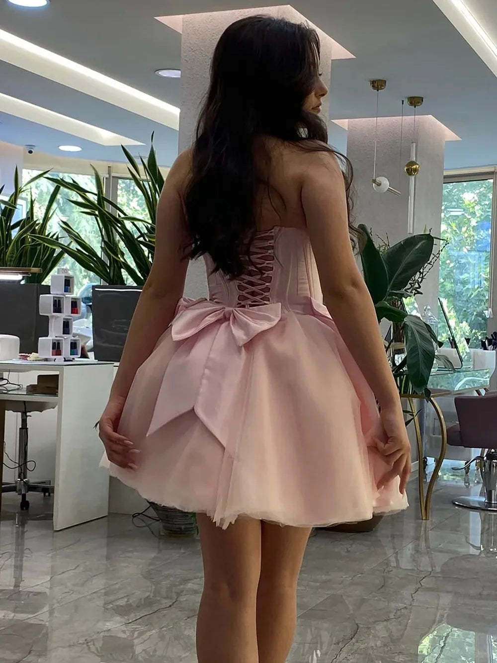 Pretty Princess A Line Strapless Corset Pink Homecoming Dress With Bow