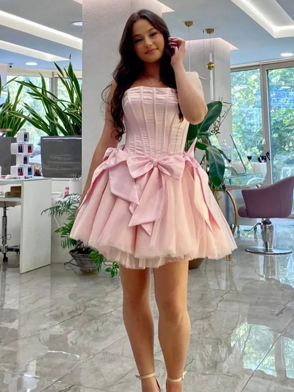 Pretty Princess A Line Strapless Corset Pink Homecoming Dress With Bow