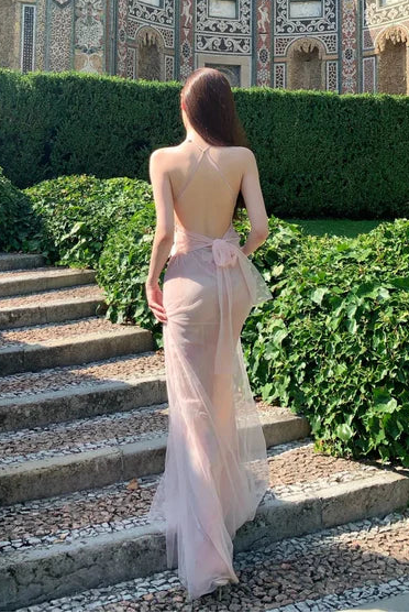 Pretty Sheath Halter Neck Backless Tulle Light Pink Evening Dresses
