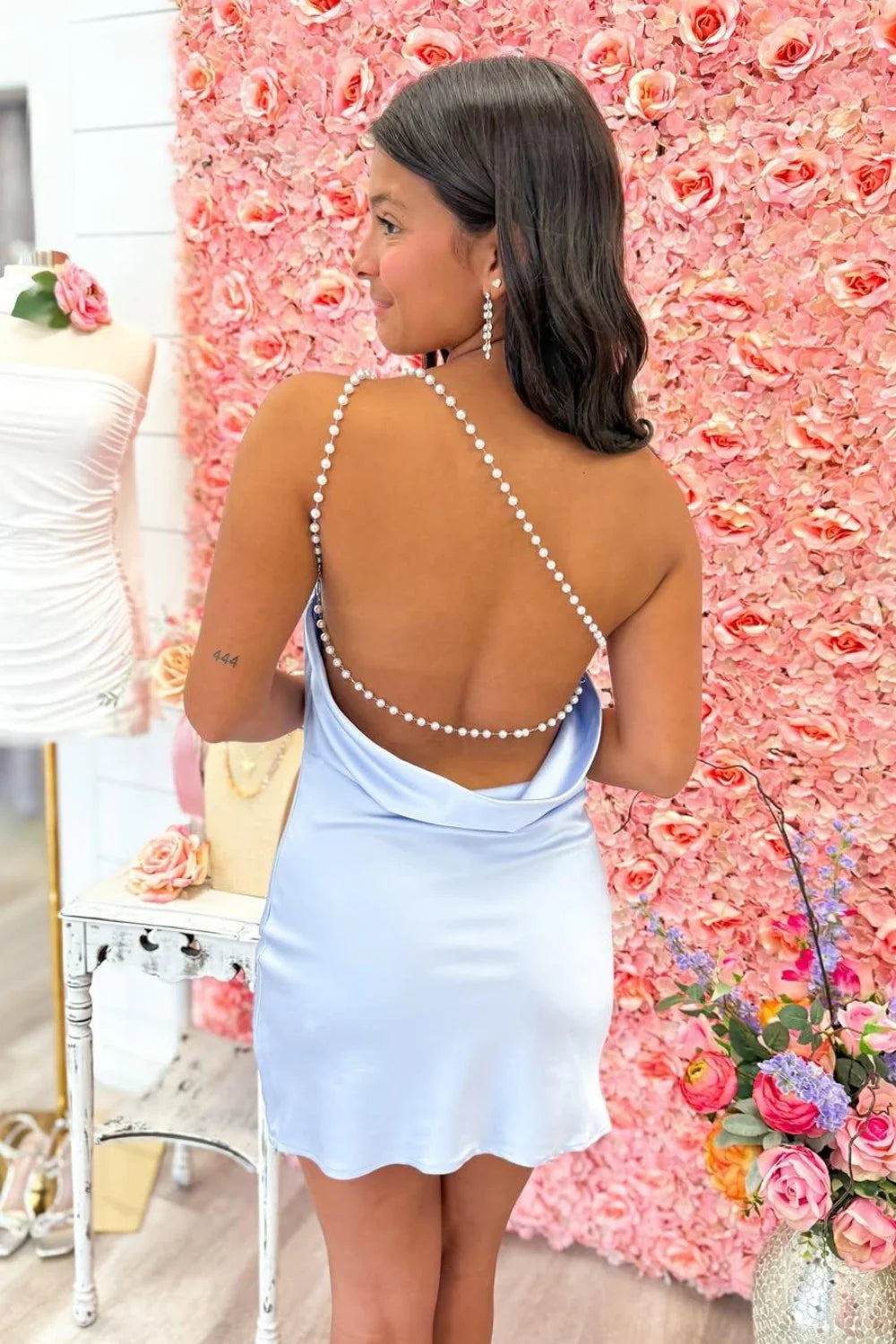Pretty Sheath One Shoulder Open Back Pearls Light Blue Homecoming Dress