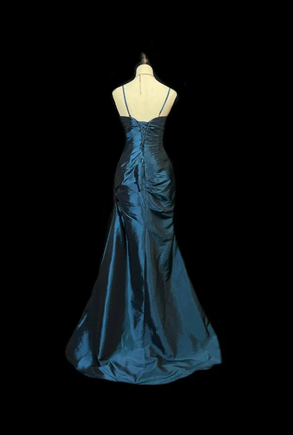 Pretty Sheath Spaghetti Strap Satin Navy Blue Long Prom Dresses Evening Gowns