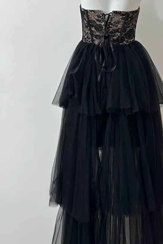 Pretty Sheath Strapless Corset Lace Black Long Prom Dress Evening Dress