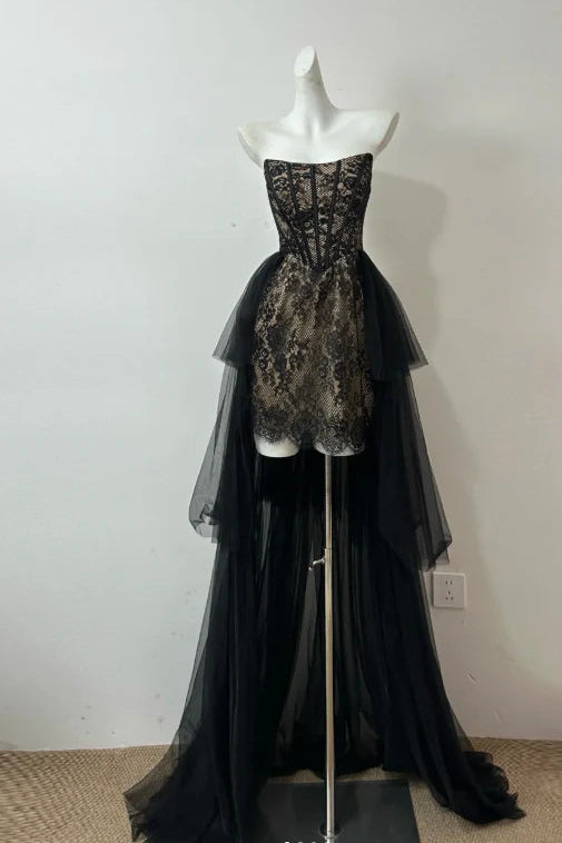 Pretty Sheath Strapless Corset Lace Black Long Prom Dress Evening Dress