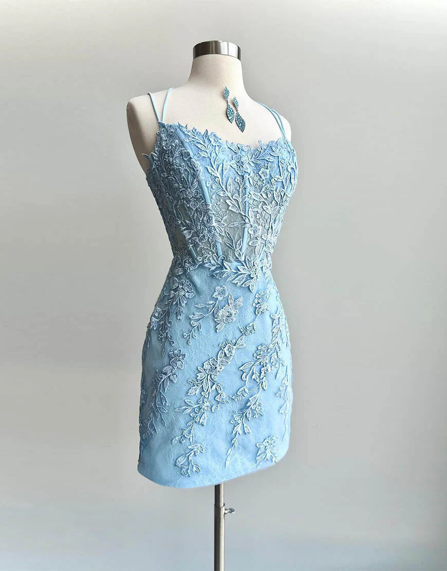 Pretty Spaghetti Straps Corset Blue Short Homecoming Dress With Appliques