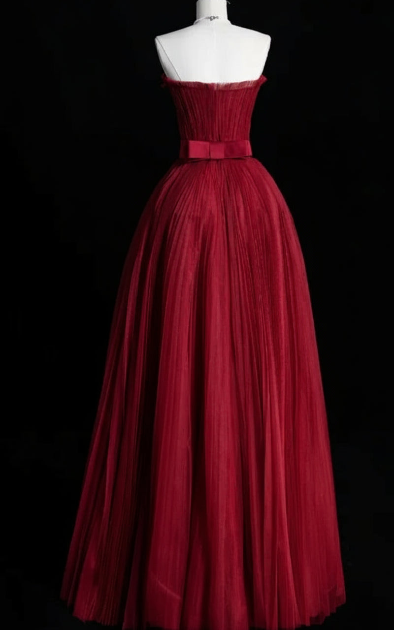 Pretty A-Line Strapless Pleated Tulle Burgundy Long Evening Dress Prom Dress