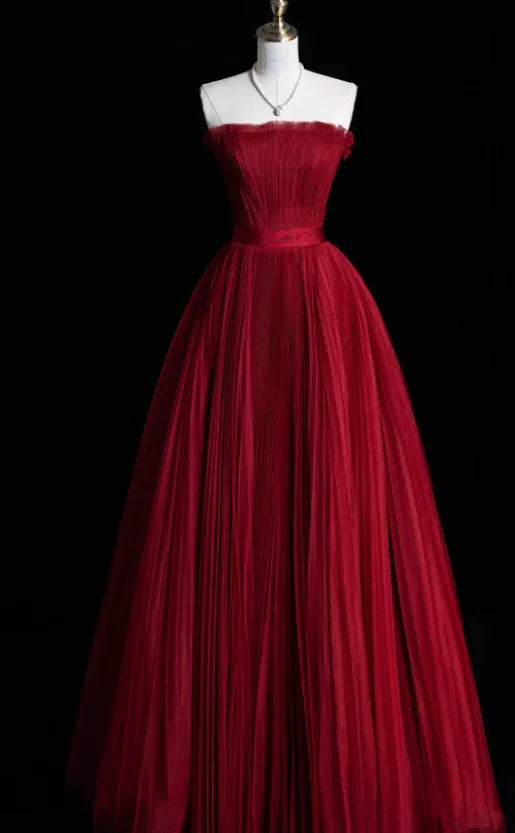 Pretty A-Line Strapless Pleated Tulle Burgundy Long Evening Dress Prom Dress