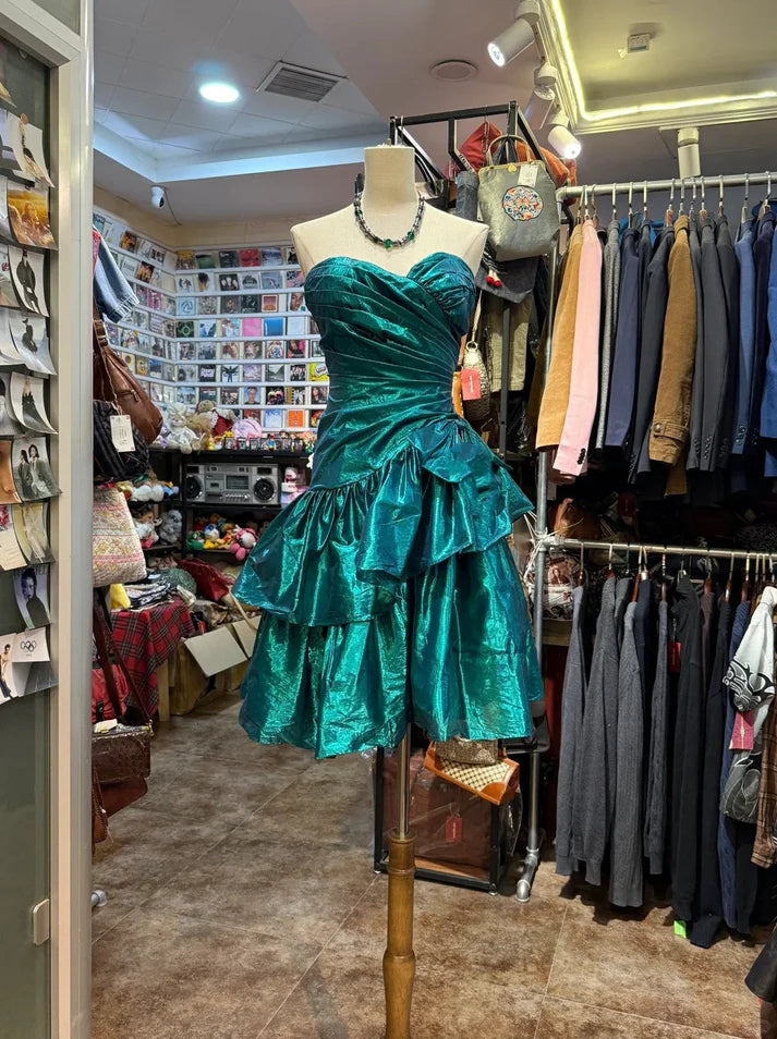 Pretty Sweetheart Pleated Tiered Satin Green Short Birthday Party Dress