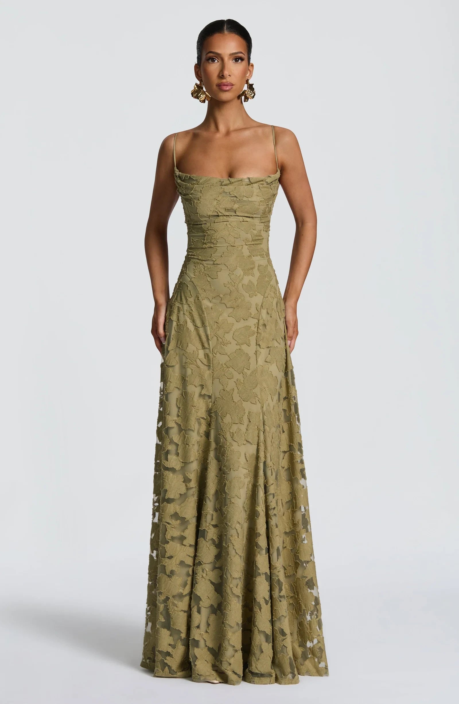 Pretty A-Line Cowl Neck Spaghetti Straps Textured Floral Open Back Sage Maxi Prom Dress