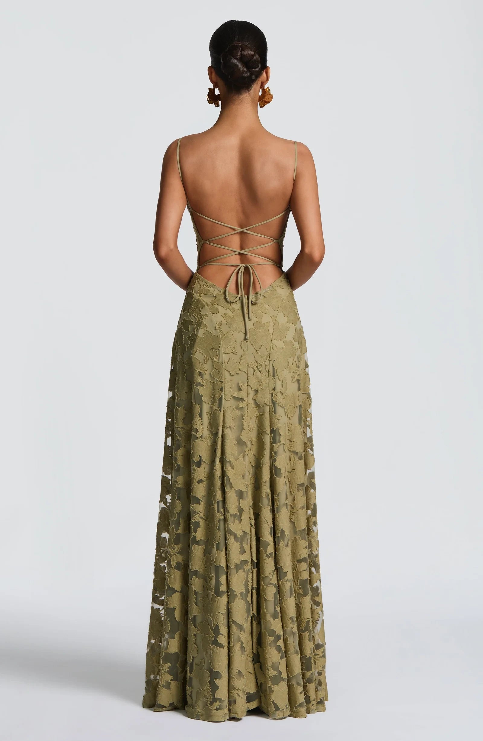 Pretty A-Line Cowl Neck Spaghetti Straps Textured Floral Open Back Sage Maxi Prom Dress