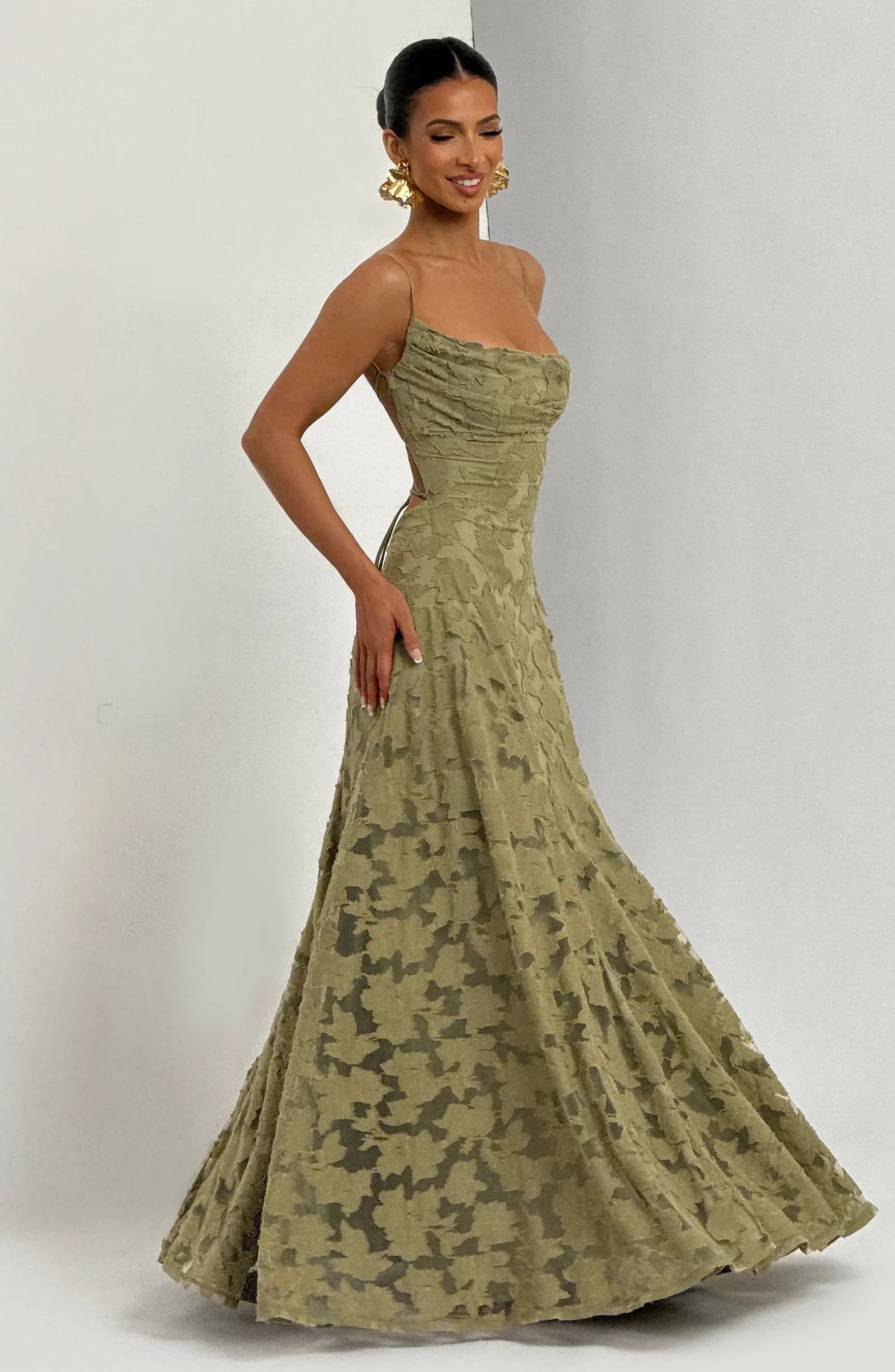 Pretty A-Line Cowl Neck Spaghetti Straps Textured Floral Open Back Sage Maxi Prom Dress