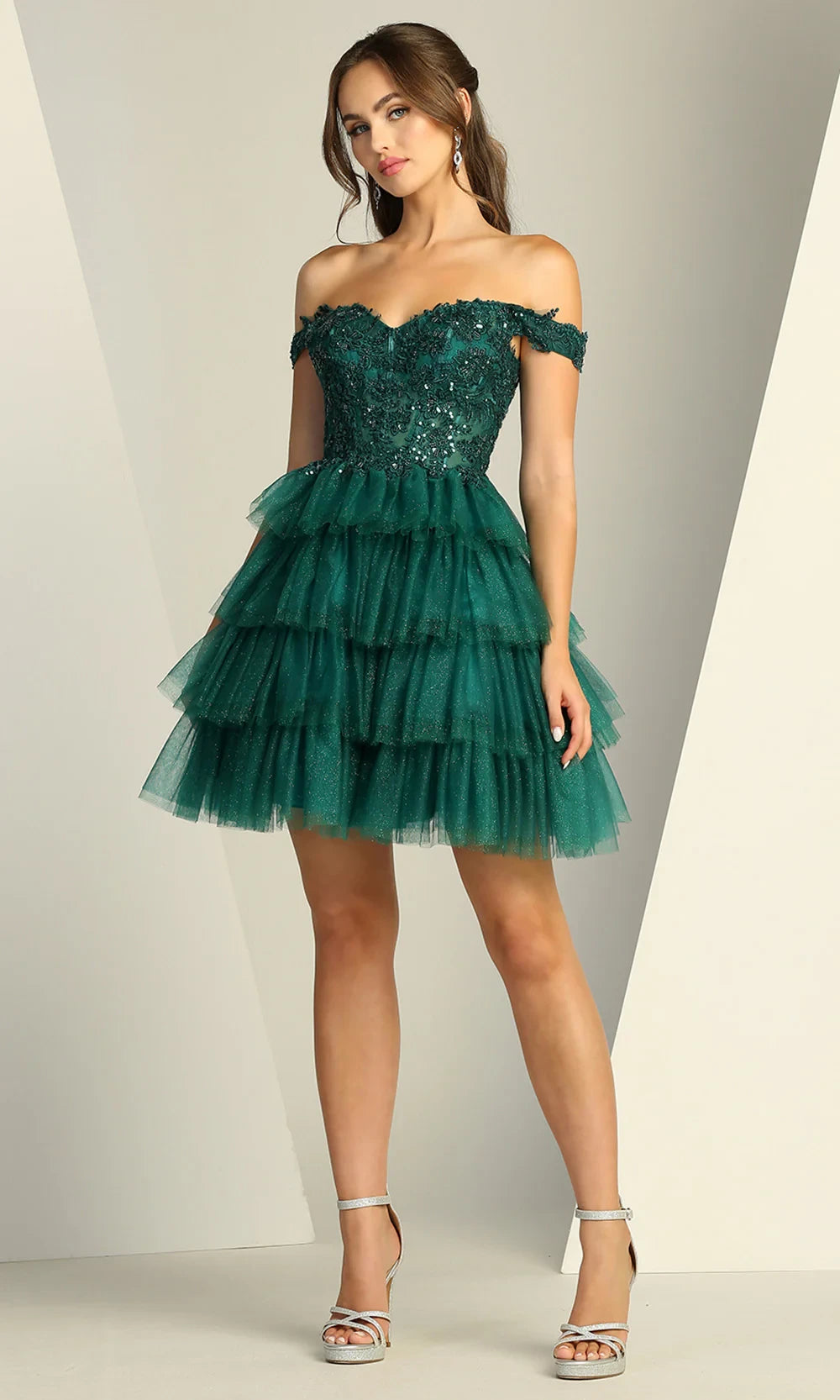 Pretty A-Line Off-Shoulder Sequin Applique Tiered Emerald Short Homecoming Dress