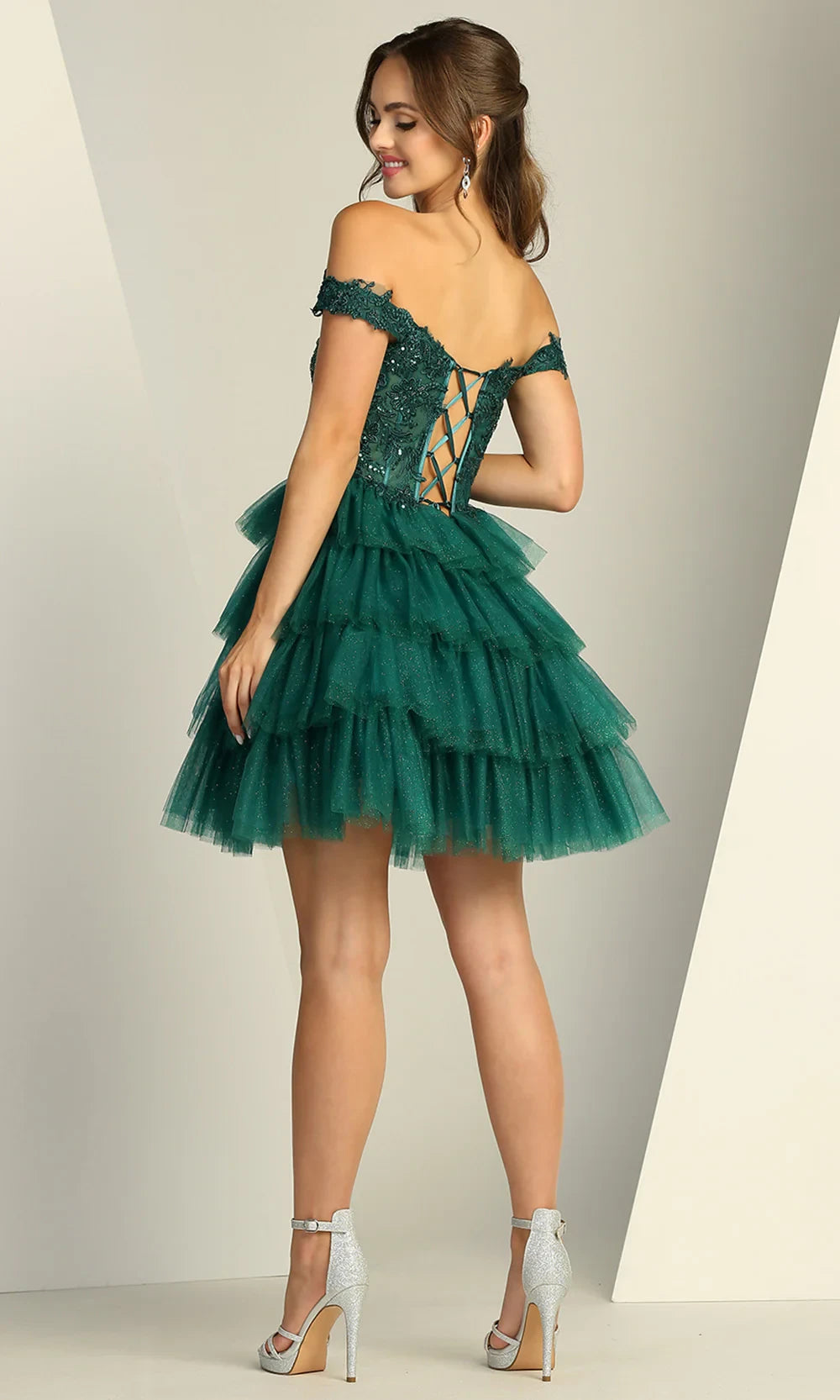 Pretty A-Line Off-Shoulder Sequin Applique Tiered Emerald Short Homecoming Dress