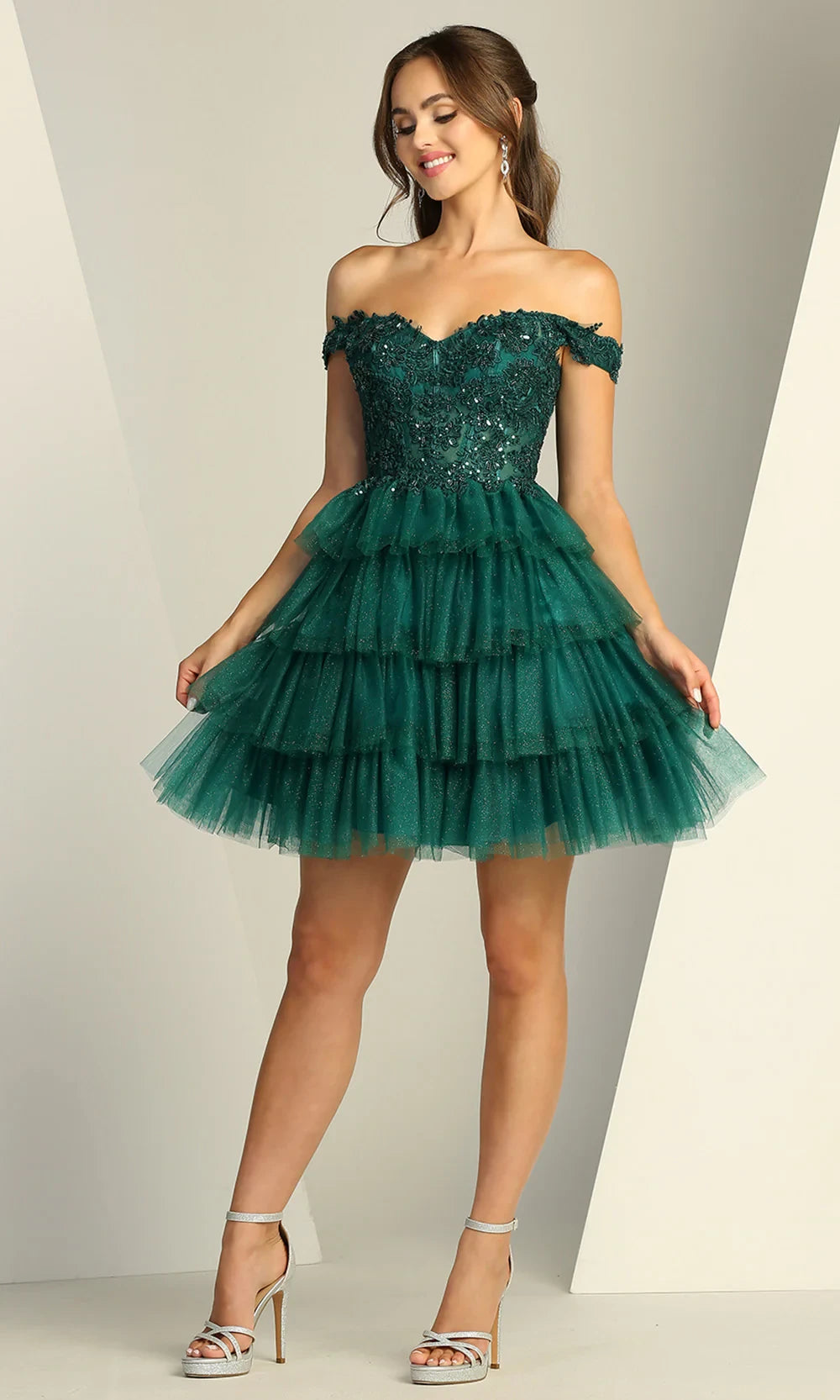Pretty A-Line Off-Shoulder Sequin Applique Tiered Emerald Short Homecoming Dress