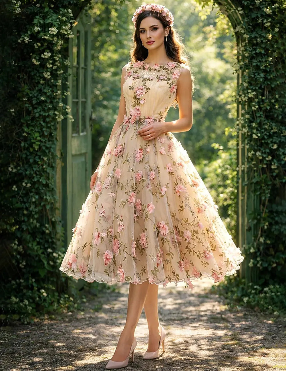 Pretty A-Line Round Neck Floral Applique Embroidered Beige Midi Prom Dress
