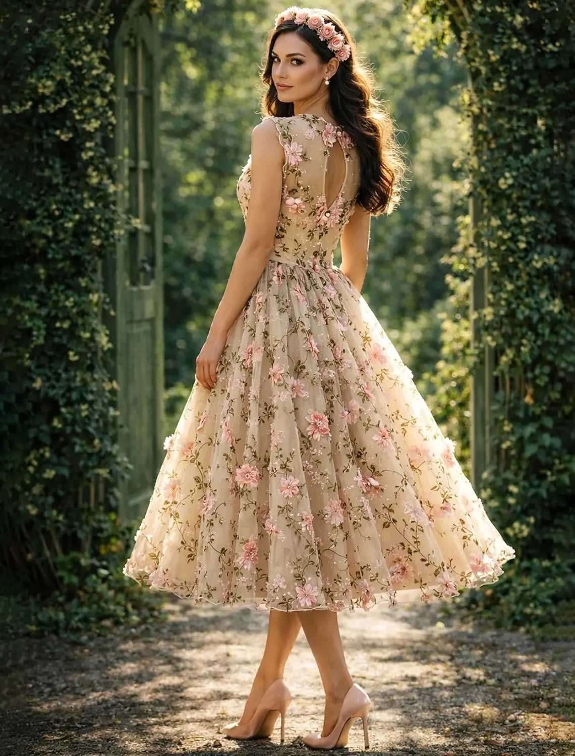 Pretty A-Line Round Neck Floral Applique Embroidered Beige Midi Prom Dress