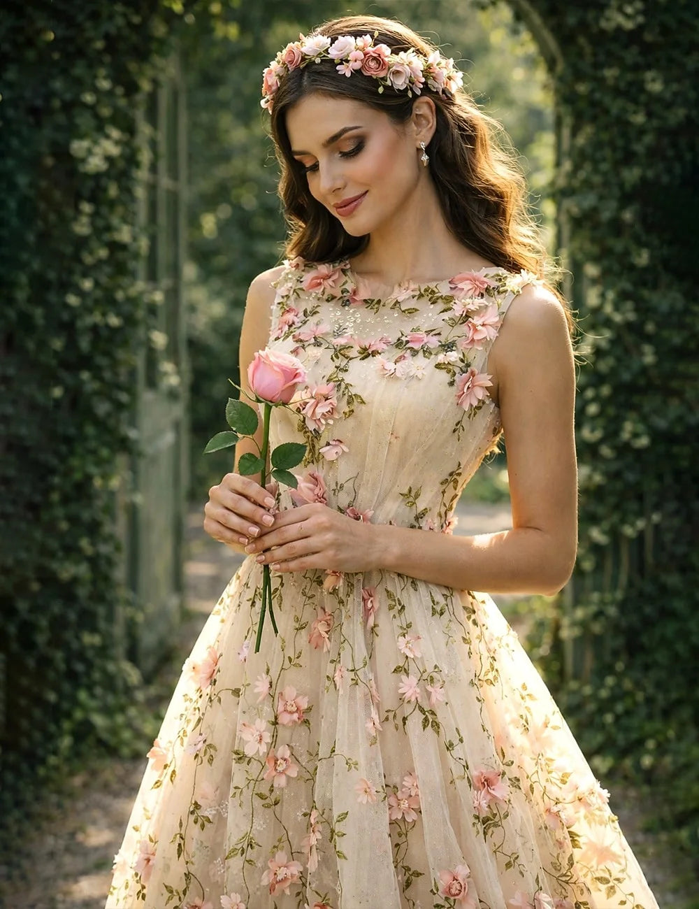 Pretty A-Line Round Neck Floral Applique Embroidered Beige Midi Prom Dress