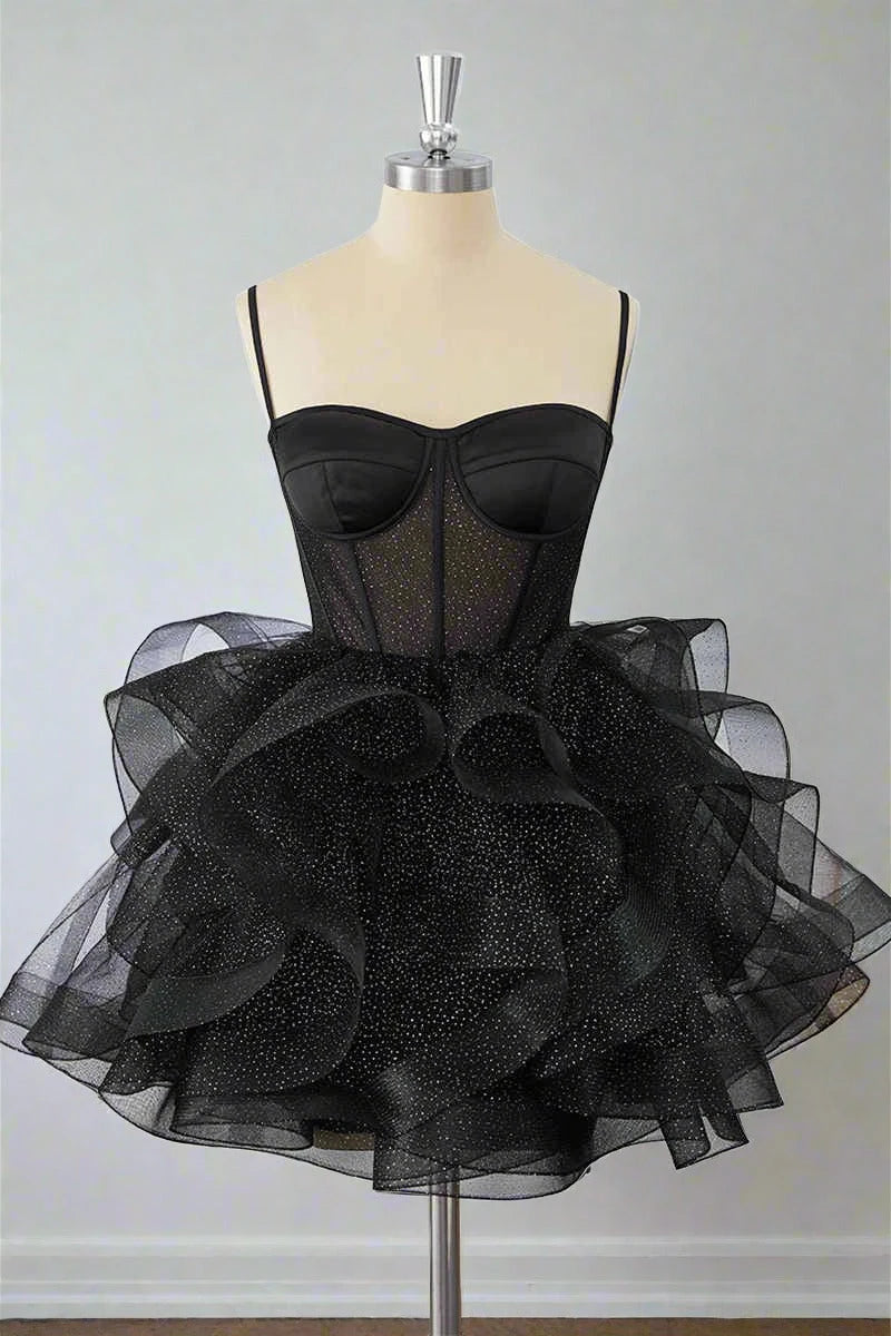 Pretty A-Line Sweetheart Corset Layers Ruffled Glitter Black Short Homecoming Dress