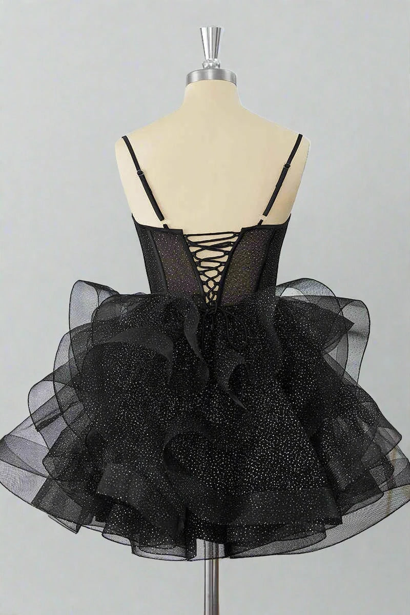 Pretty A-Line Sweetheart Corset Layers Ruffled Glitter Black Short Homecoming Dress
