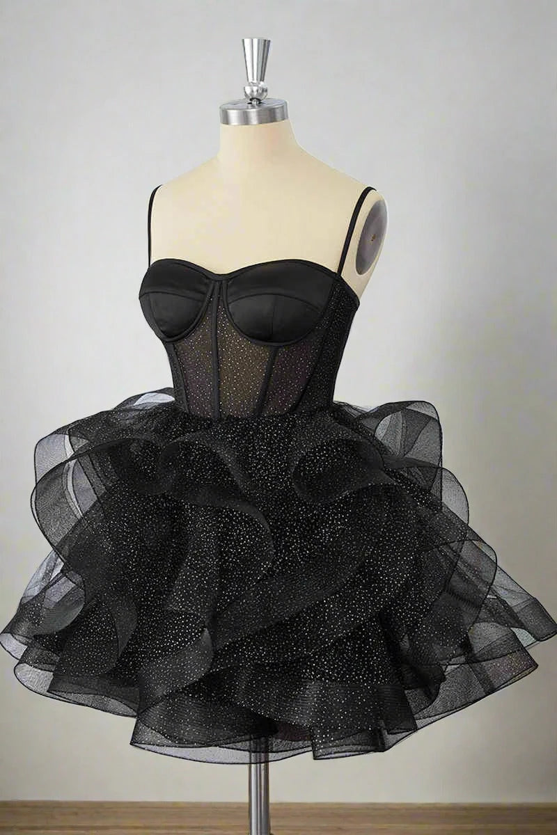 Pretty A-Line Sweetheart Corset Layers Ruffled Glitter Black Short Homecoming Dress