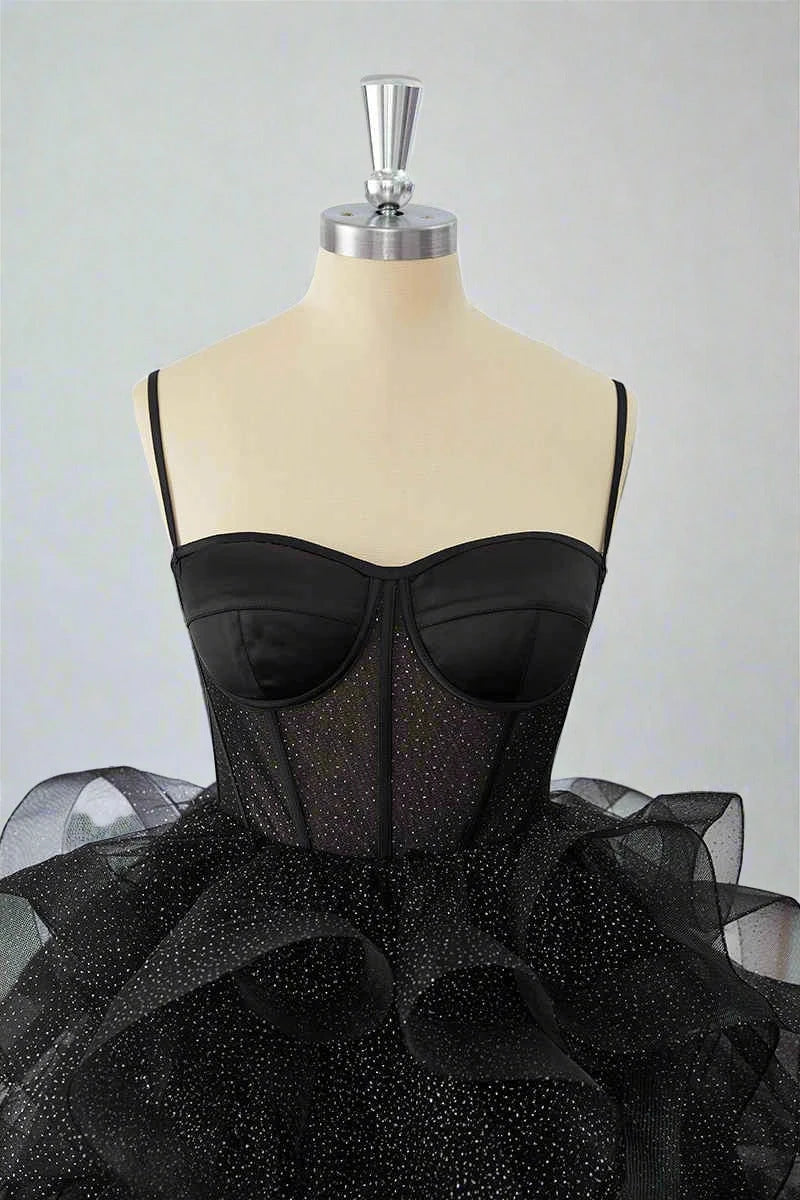 Pretty A-Line Sweetheart Corset Layers Ruffled Glitter Black Short Homecoming Dress