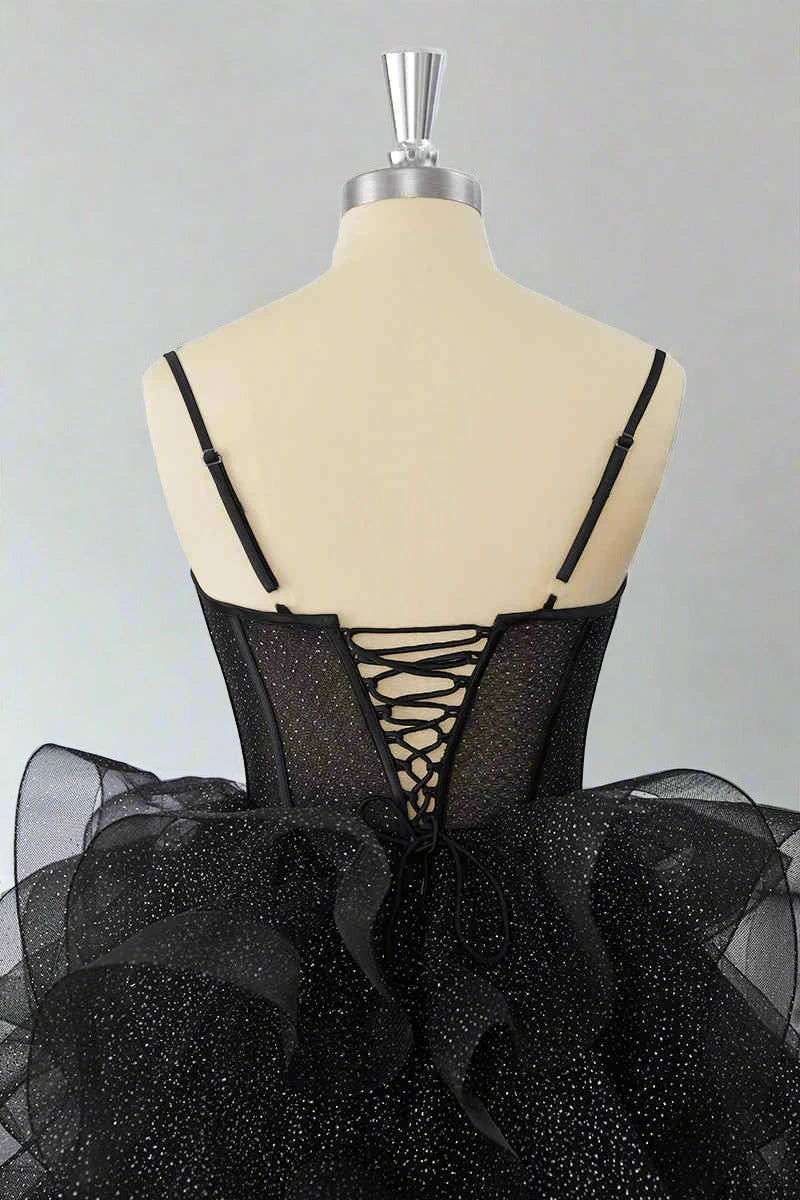 Pretty A-Line Sweetheart Corset Layers Ruffled Glitter Black Short Homecoming Dress