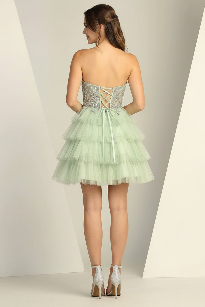 Pretty A-Line Sweetheart Sequins Applique Tiered Sage Short Homecoming Dress