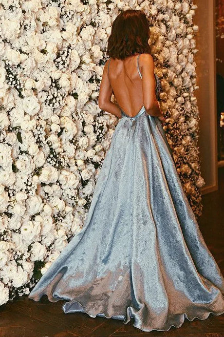 Pretty A-line Deep V Neck Beaded Backless Blue Formal Evening Dress Prom Dress