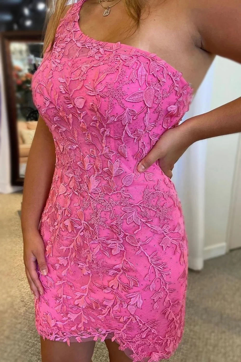 Pretty Bodycon One-Shoulder Floral Applique Hot Pink Short Homecoming Dress