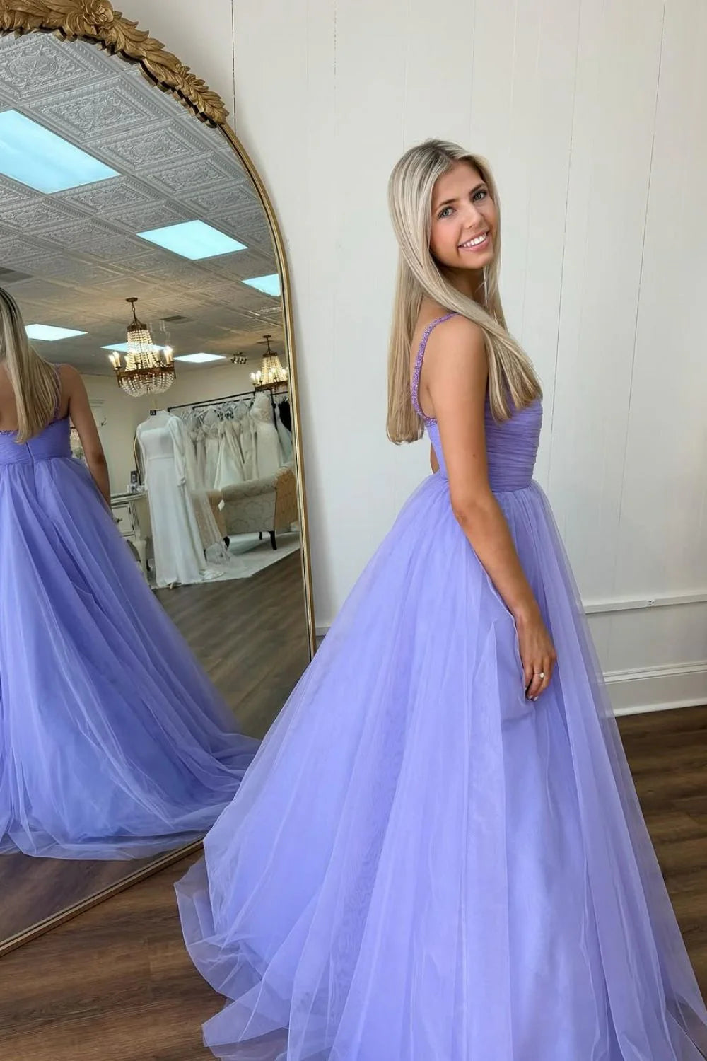 Princess A-Line Spaghetti Straps Tulle Purple Long Prom Dress With Beaded