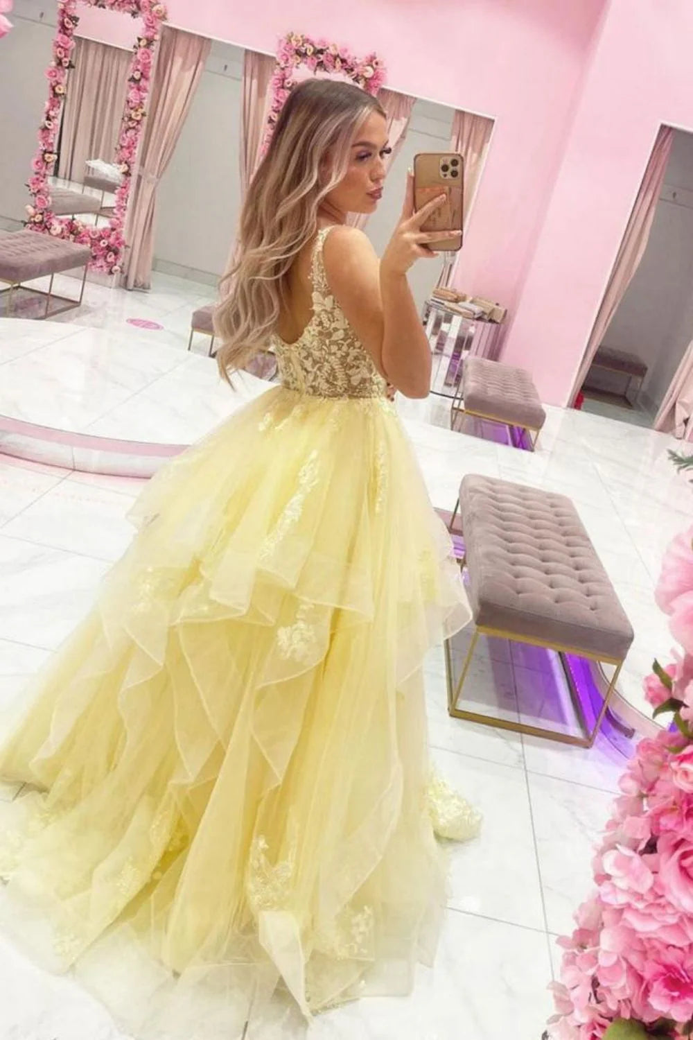 Princess A Line Deep V Neck Tiered Appliques Yellow Long Prom Dress