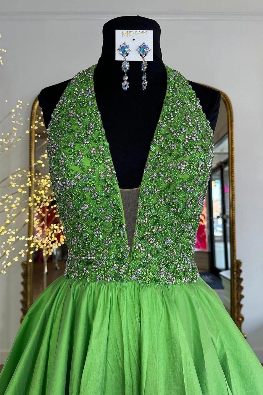 Princess A Line Halter Neck Beading Green Prom Dress With Train
