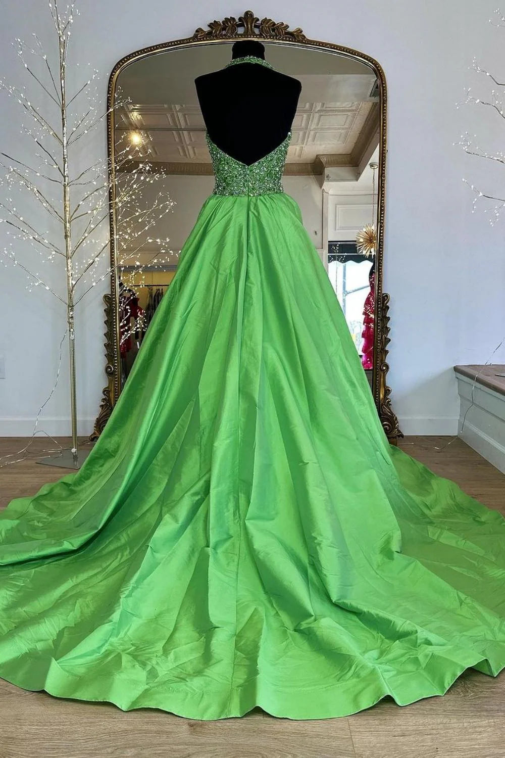 Princess A Line Halter Neck Beading Green Prom Dress With Train