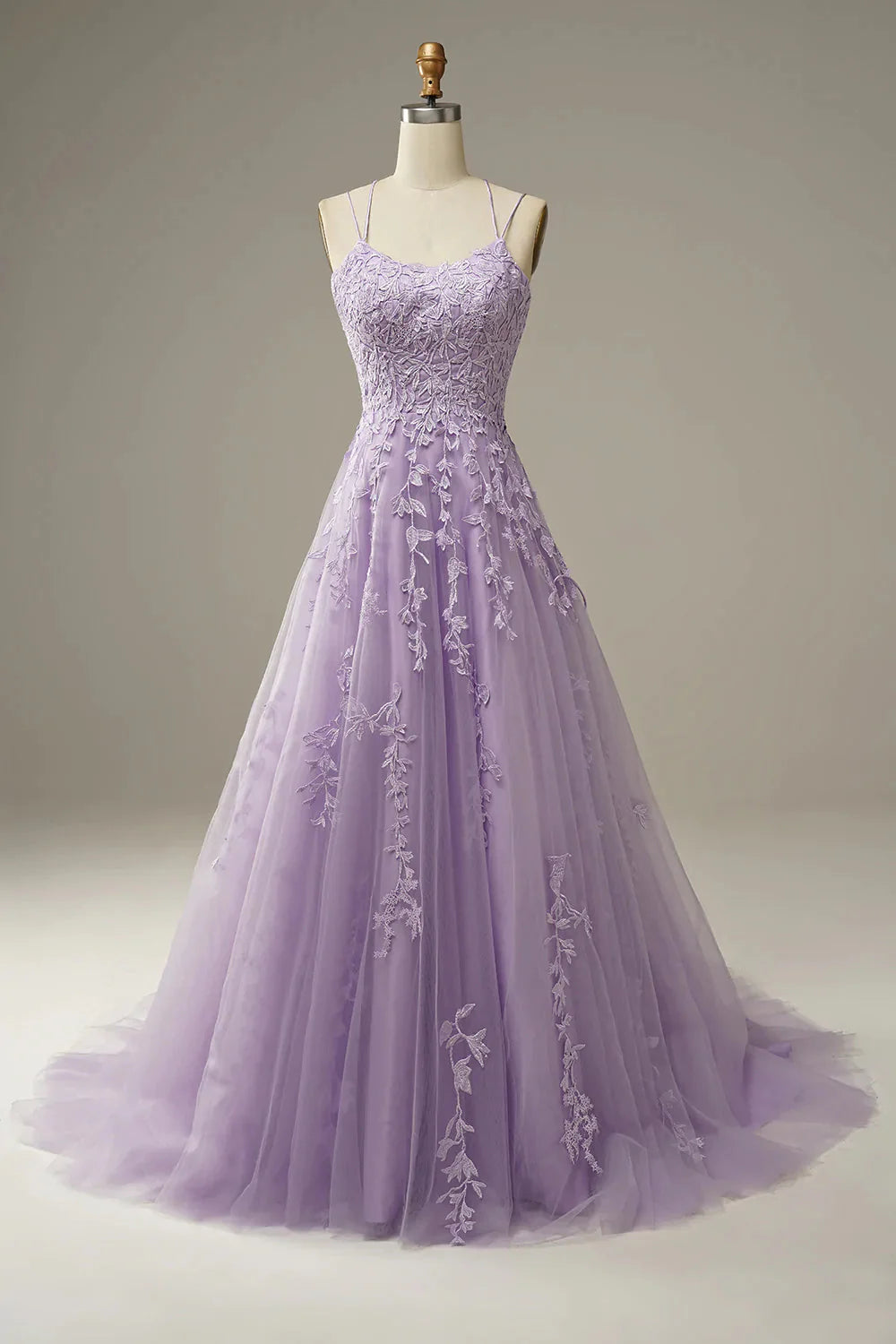 Princess A Line Spaghetti Straps Beaded Appliques Purple Prom Dress
