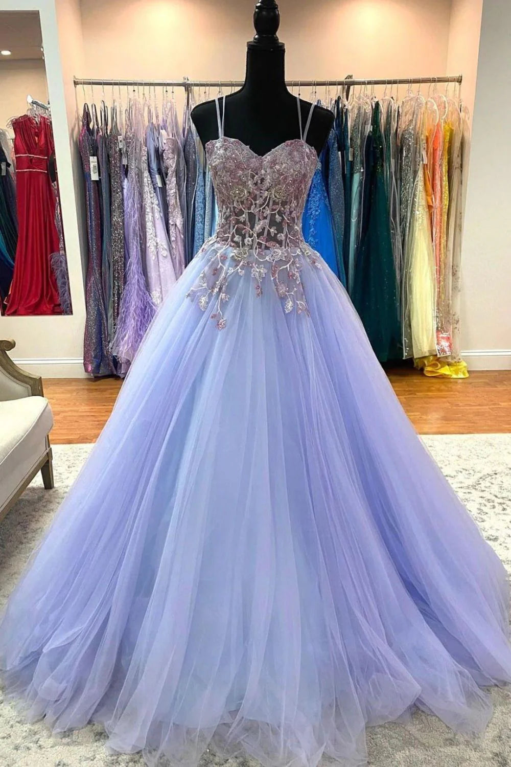 Princess A Line Spaghetti Straps Corset Appliques Long Prom Dress