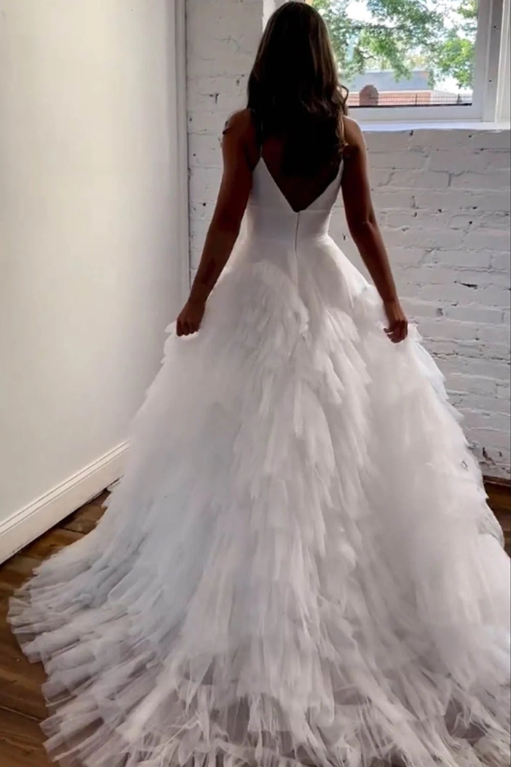 Princess A Line Spaghetti Straps Tiered Tulle Pink Prom Dress